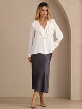 [White] SilkSilky-UK Long Sleeve Deep V Neck Women's Blouse 005