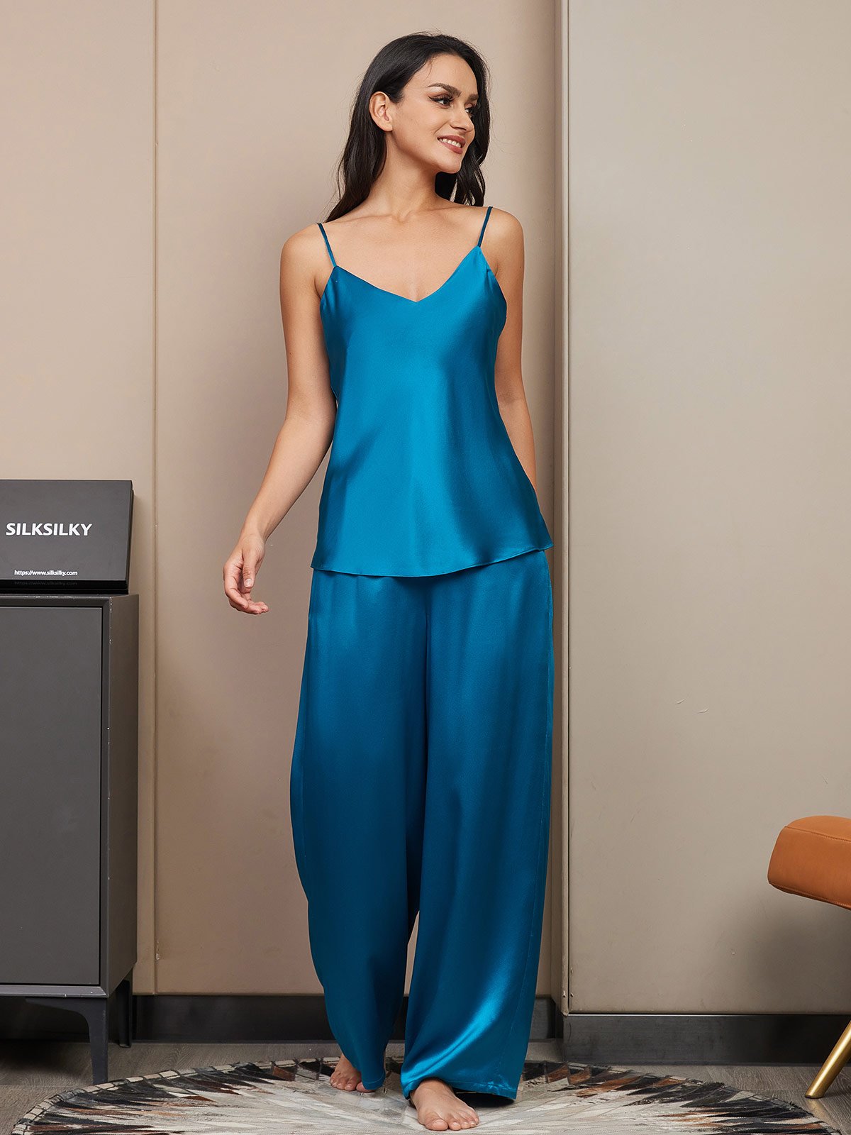 SilkSilky UK Pure Silk Sleeveless V Neck Camisole Set Teal 003