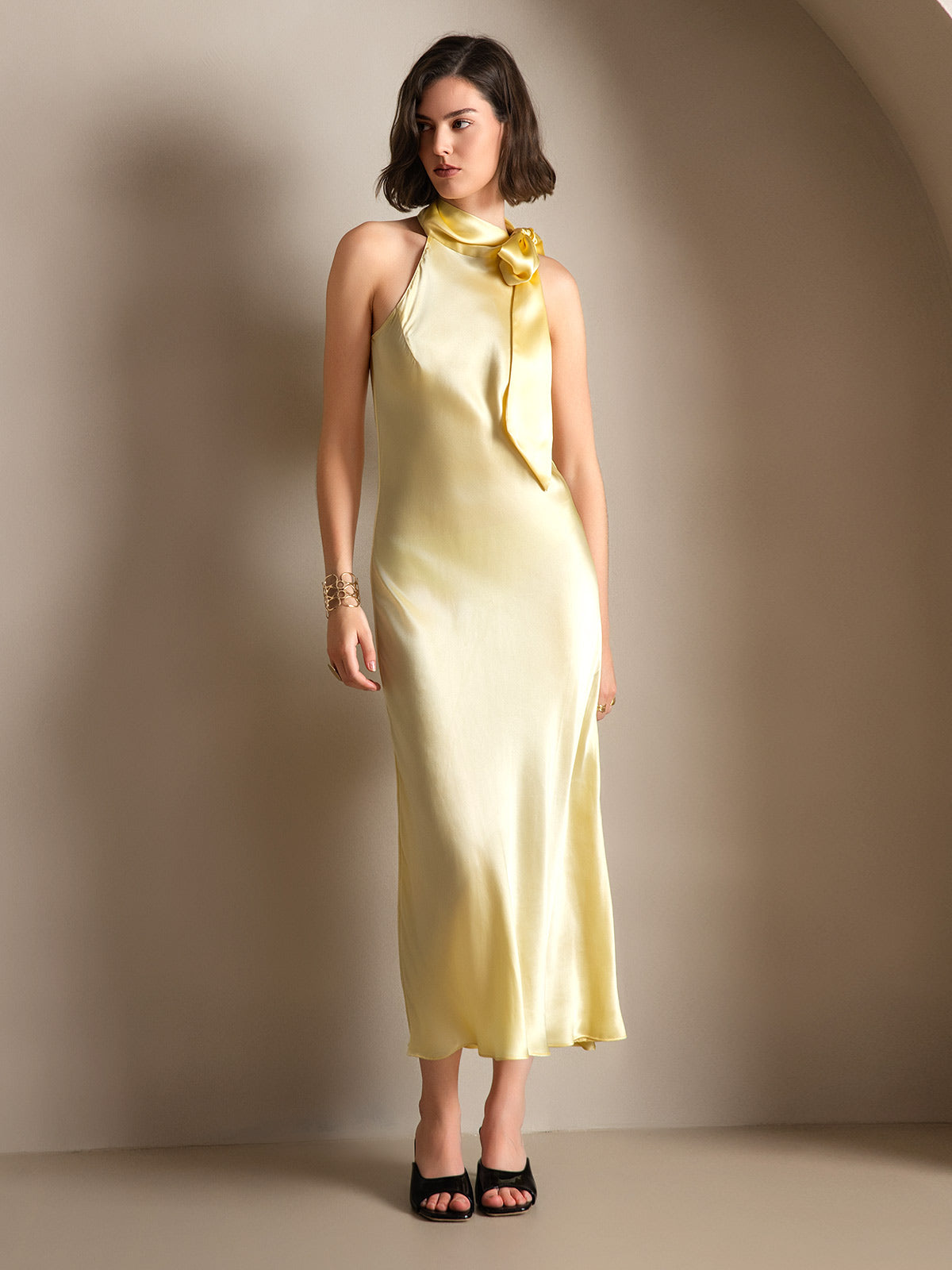 [Light Yellow] SilkSilky-UK 19Momme Stretch Silk Charmeuse Sleeveless Tie Neck Dress 001