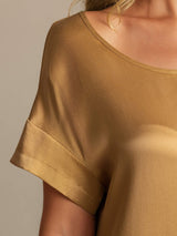 [Tan] SilkSilky-UK 19Momme Machine-Washable Silk Short Sleeve Round Neck Nightdress 004
