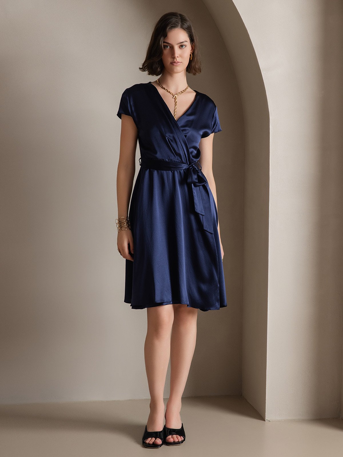 SilkSilky UK 19Momme Silk Short Sleeve V Neck Dress DarkBlue 006