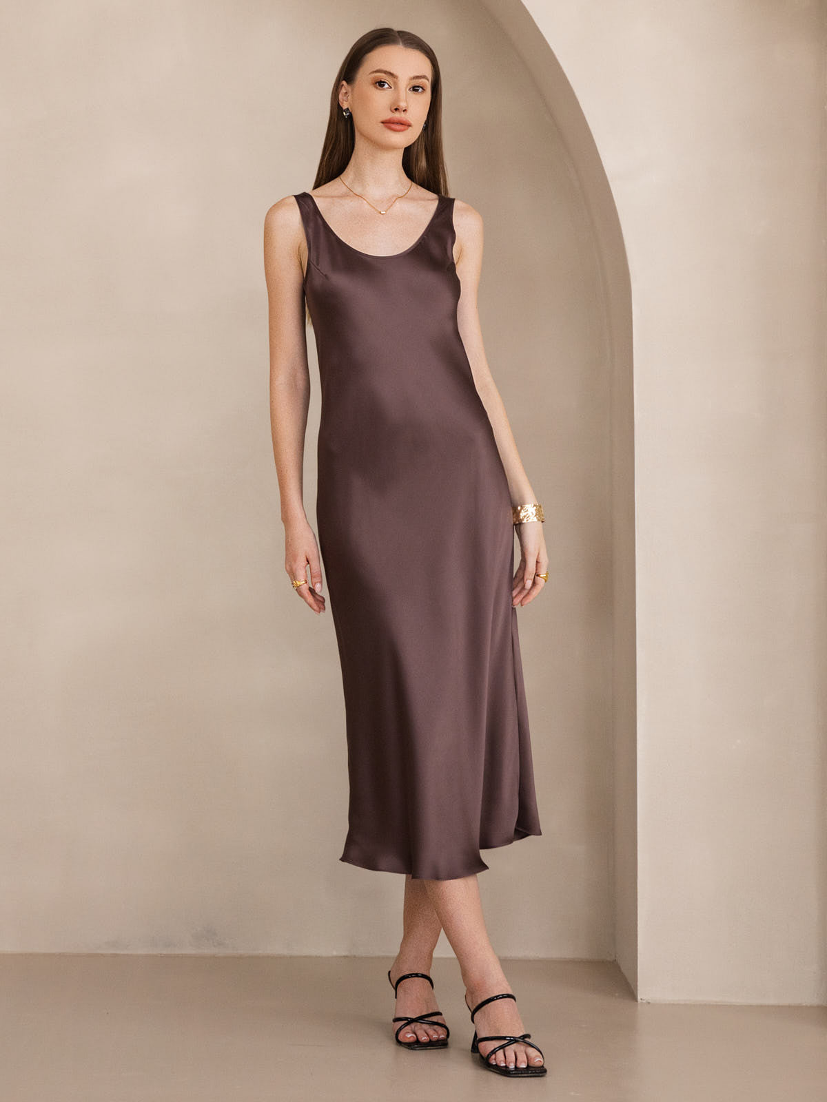 [Coffee] SilkSilky-UK Pure Silk Boat Neck Dress 001