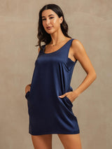 [Dark Blue] SilkSilky-UK 19Momme Machine-Washable Silk Sleeveless Scoop Neck Nightdress 007