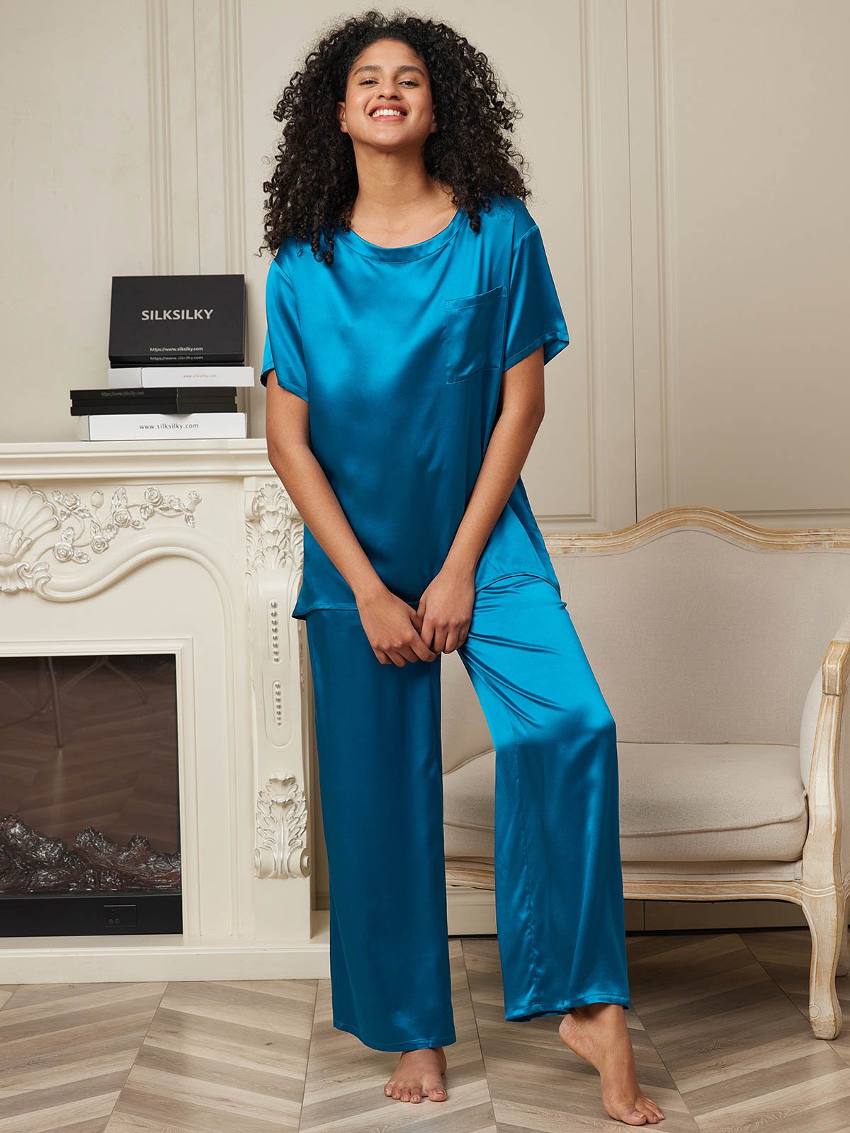 SilkSilky UK Pure Silk Short Sleeve Womens Pajamas Teal 003