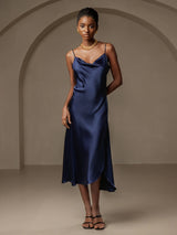 [Dark Blue] SilkSilky-UK Spaghetti Strap Cowl Neck Dress 001