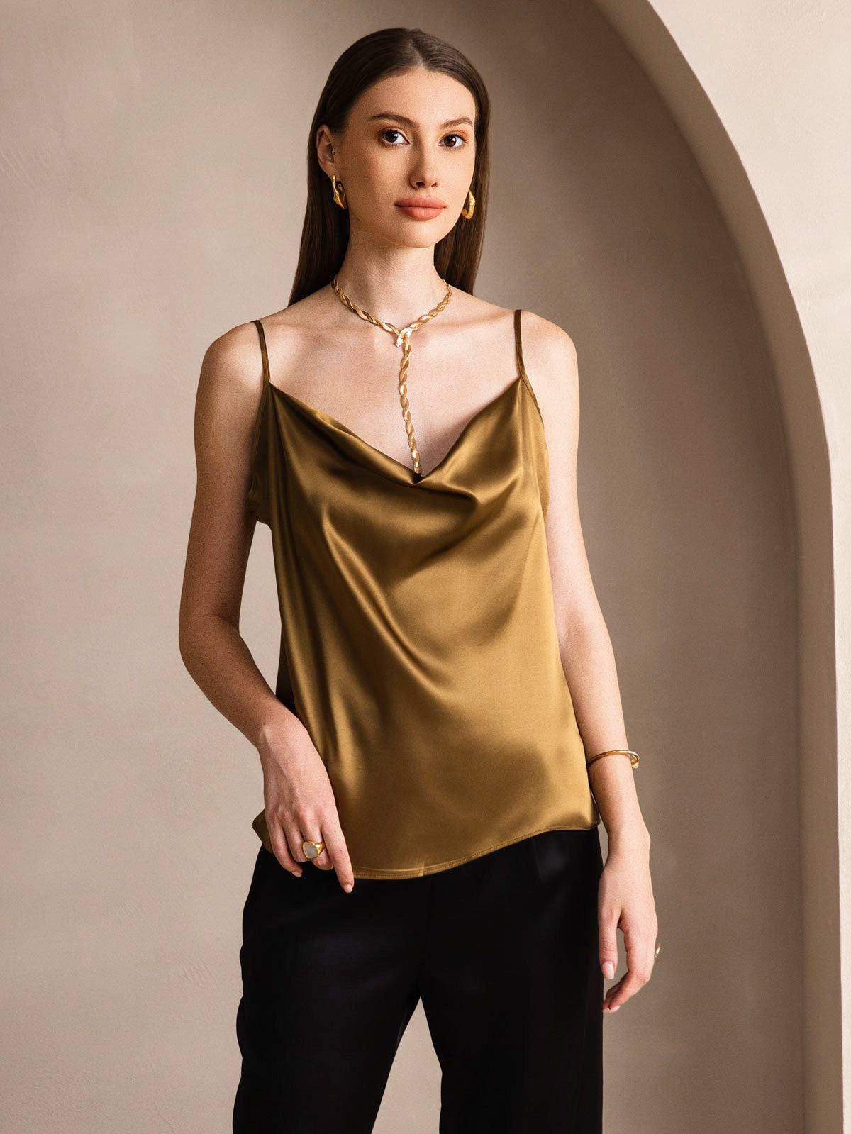 [Brown] SilkSilky-UK 19Momme Silk Cowl Neck Camisole 001