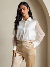 [White] SilkSilky-UK Long Sleeve Lapel Collar Women's Shirt 001