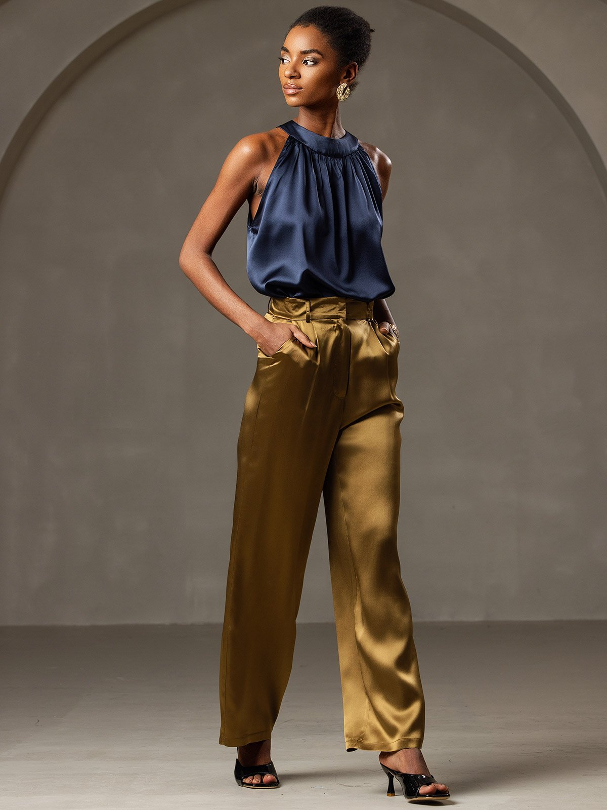 [Dark Blue] SilkSilky-UK 19Momme Silk Sleeveless Halter Neck Women's T-Shirt 006