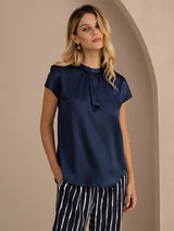 [Dark Blue] SilkSilky-UK Short Sleeve Split Women's Blouse 001