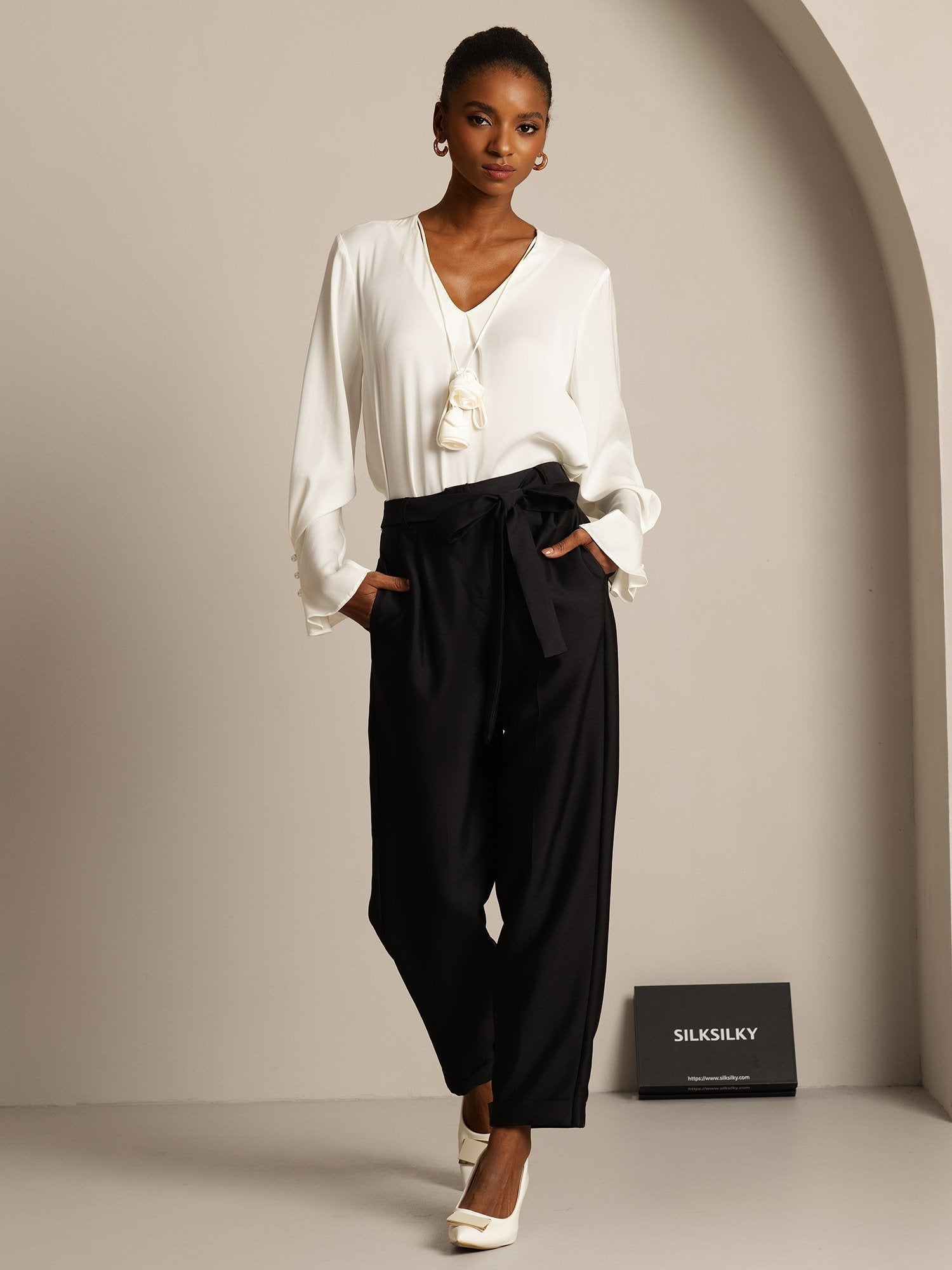 [Black] SilkSilky-UK 32Momme Silk-Wool Blend Womens Pants 003,