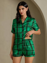 [Green Plaid] SilkSilky-UK Short Sleeve Notch Collar Women's Pyjamas 004