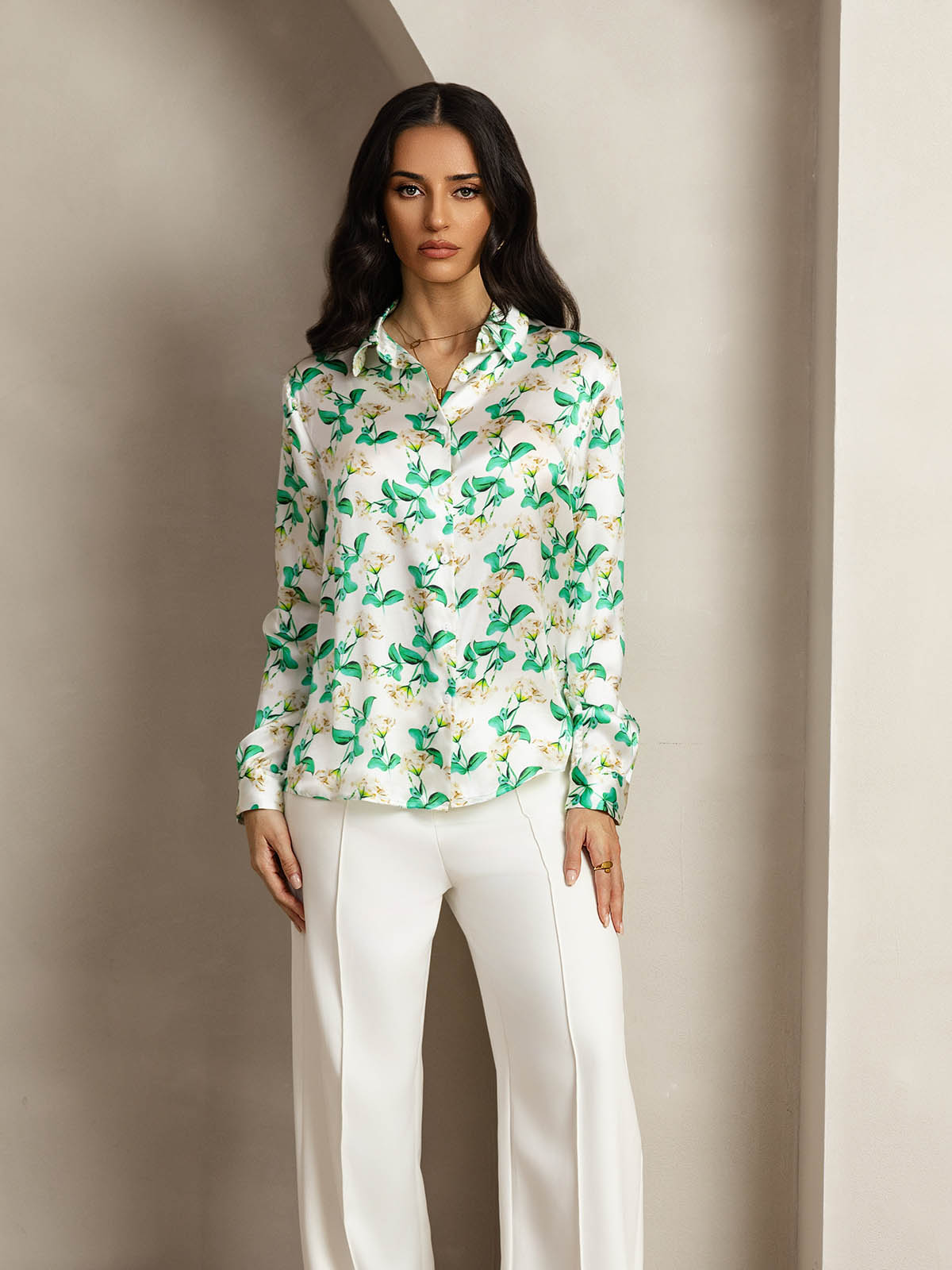 [Green Floral] SilkSilky-UK Silk Long Sleeve Collar Women's Shirt 009