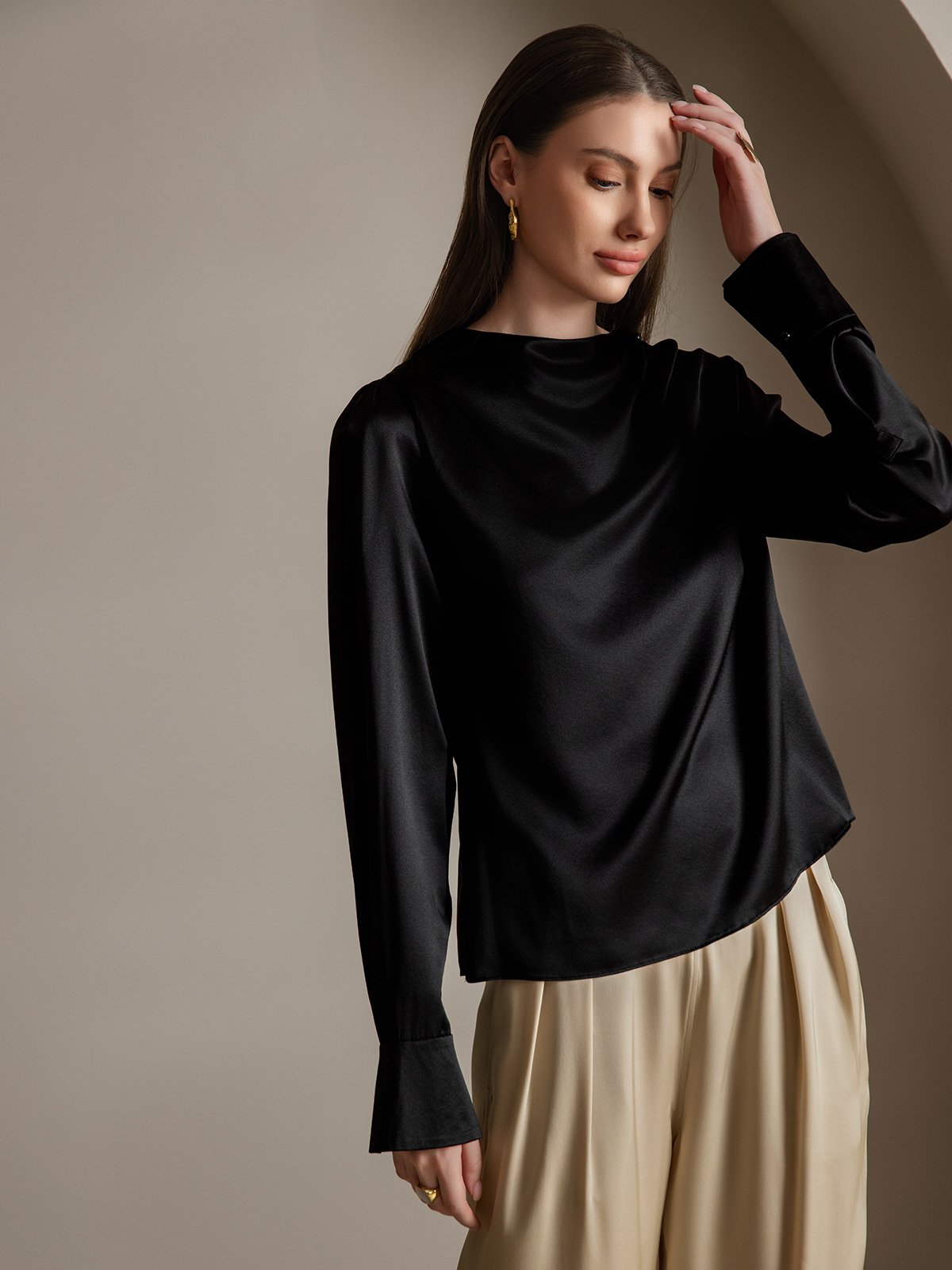 [Black] SilkSilky-UK 19Momme Silk Boat Neck Women's Shirt 006