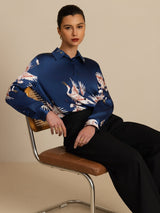 [Dark Blue] SilkSilky-UK Long Sleeve Lapel Collar Women's Shirt 005
