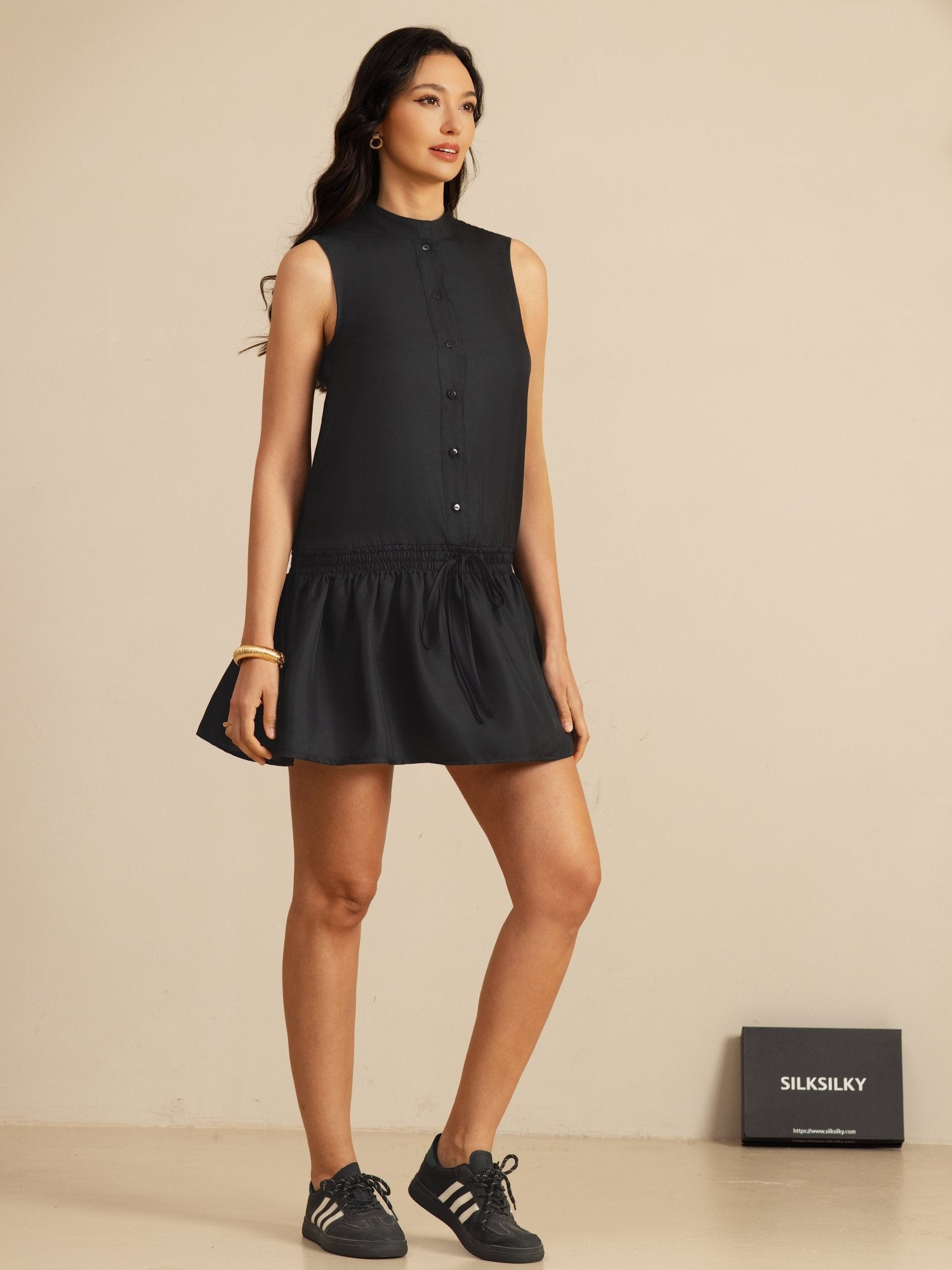 [Black] SilkSilky-UK 18Momme Silk Satin Surah Sleeveless Stand Collar Dress 007