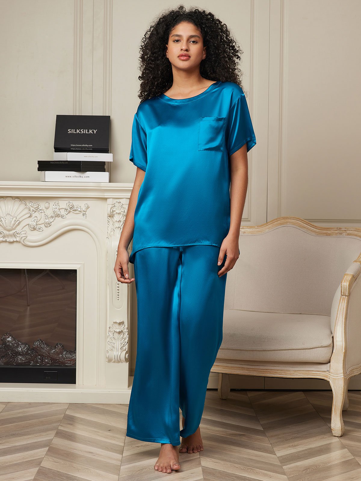 [Teal] SilkSilky-UK Pure Silk Short Sleeve Womens Pajamas 004