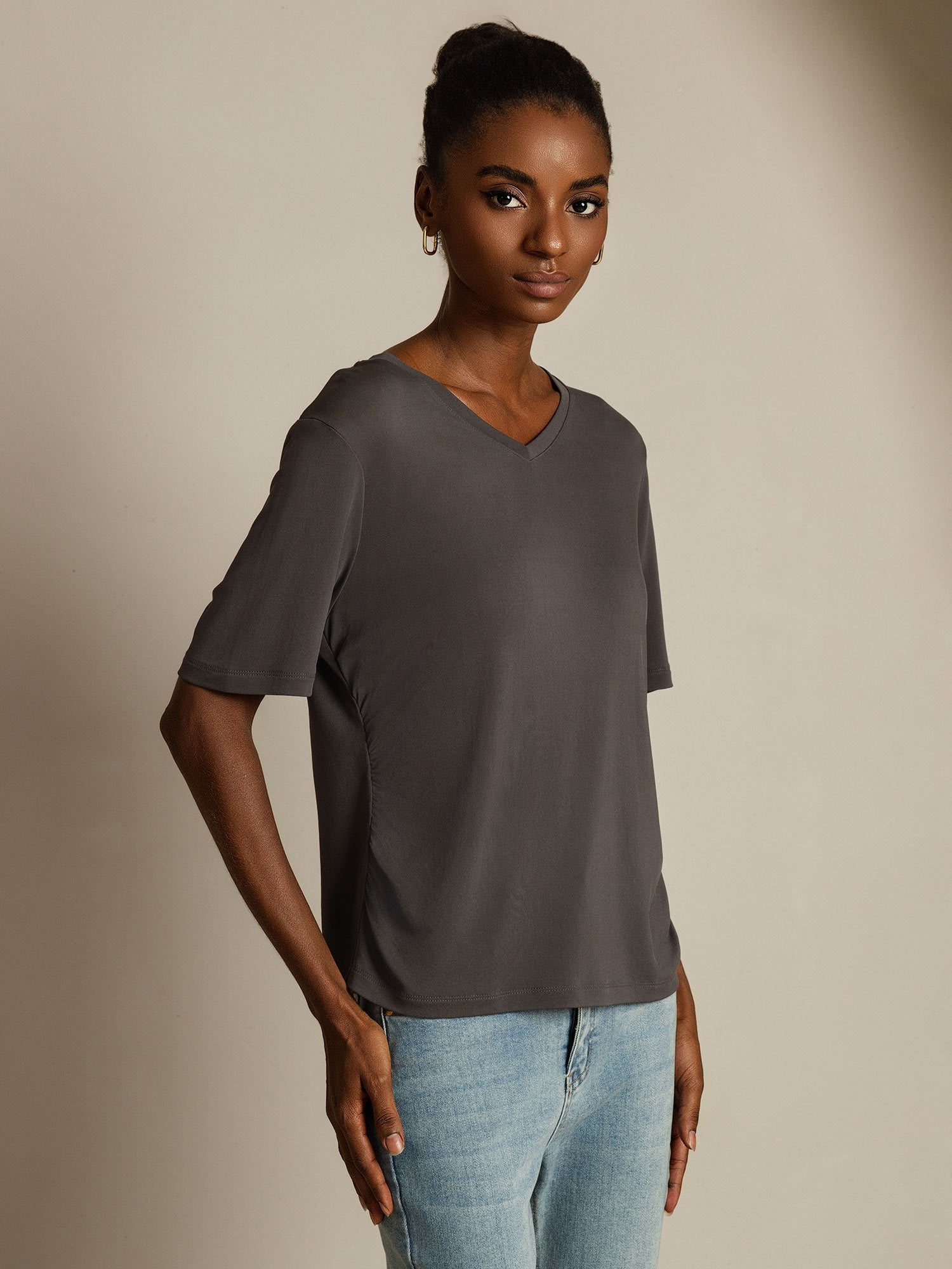 [Gray] SilkSilky-UK Pure Silk V Neck Women's T-Shirt 001
