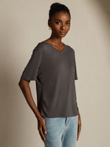 [Gray] SilkSilky-UK 100% High-Twist Silk Jersey Short Sleeve V Neck Women's T-Shirt 001