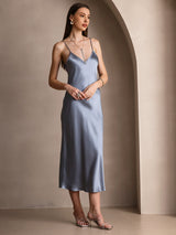 [Grayish Blue] SilkSilky-UK Spaghetti Strap V Neck Dress 004