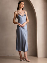 [Grayish Blue] SilkSilky-UK Spaghetti Strap V Neck Dress 004