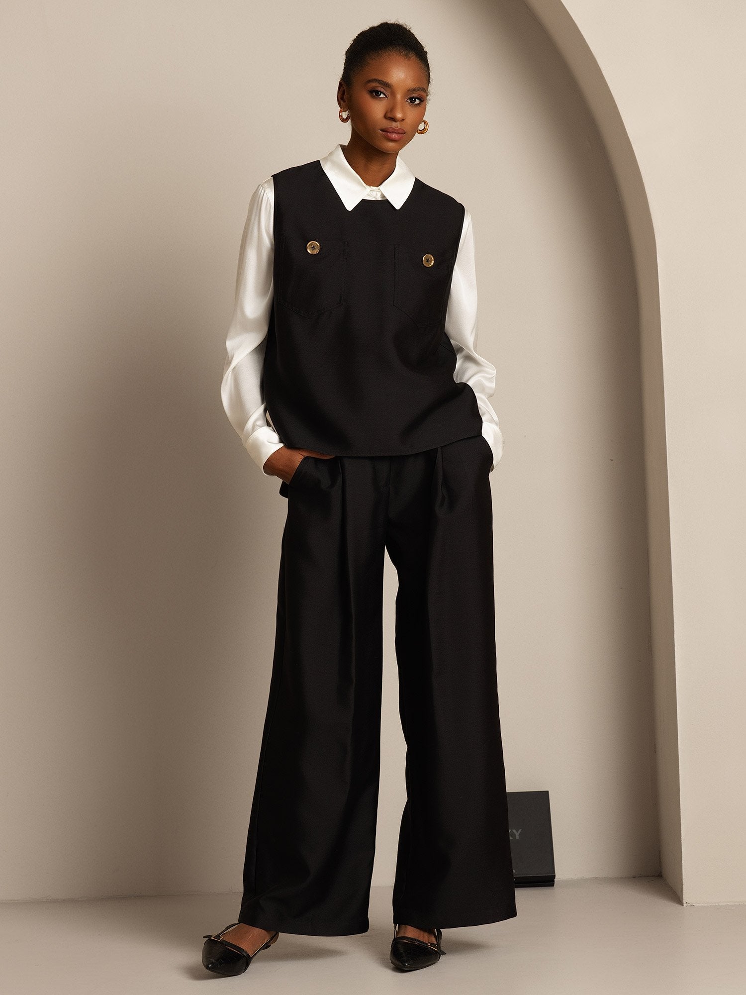 [Black] SilkSilky-UK 32Momme Silk-Wool Blend Womens Vest 003,