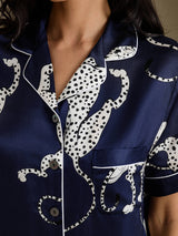 [Navy Cheetah] SilkSilky-UK Short Sleeve Notch Collar Women's Pyjamas 006