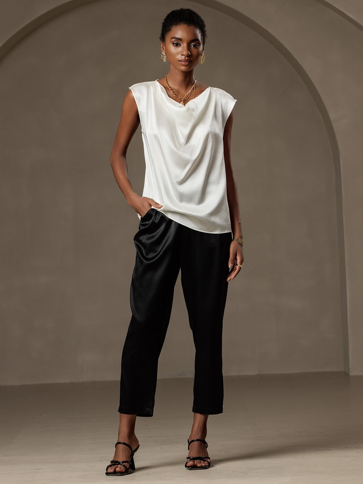 [White] SilkSilky-UK 19Momme Silk Cap Sleeve Cowl Neck Women's T-Shirt 004