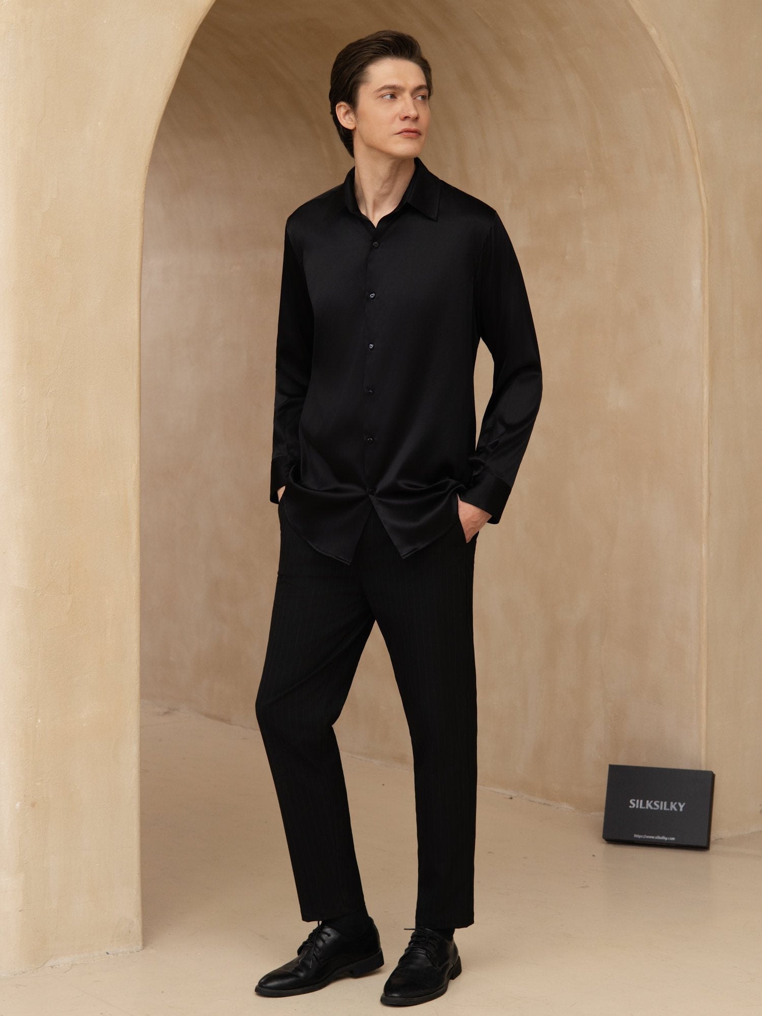 [Black] SilkSilky-UK 19Momme Stretch Silk Charmeuse Long Sleeve Lapel Collar Men's Shirt 007