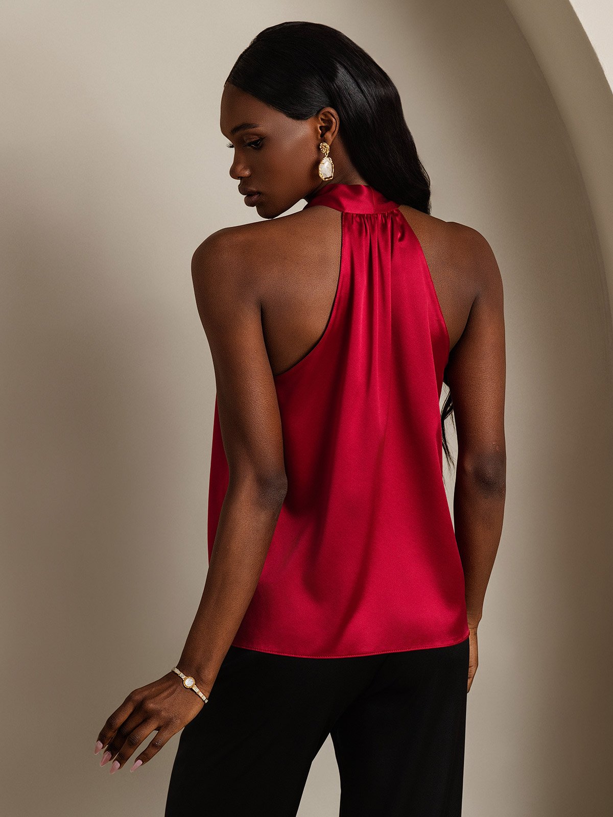 SilkSilky-UK 19Momme Silk Sleeveless Tie Neck Women's Shirt Wine 002