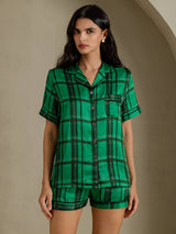 [Green Plaid] SilkSilky-UK Short Sleeve Notch Collar Women's Pyjamas 001