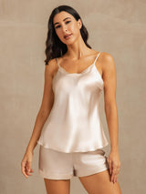[Beige] SilkSilky-UK Spaghetti Strap V Neck Camisole Set 001