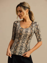 [Snakeskin] SilkSilky-UK 100% Silk Jersey Half Sleeve Scoop Neck Women's T-Shirt 003