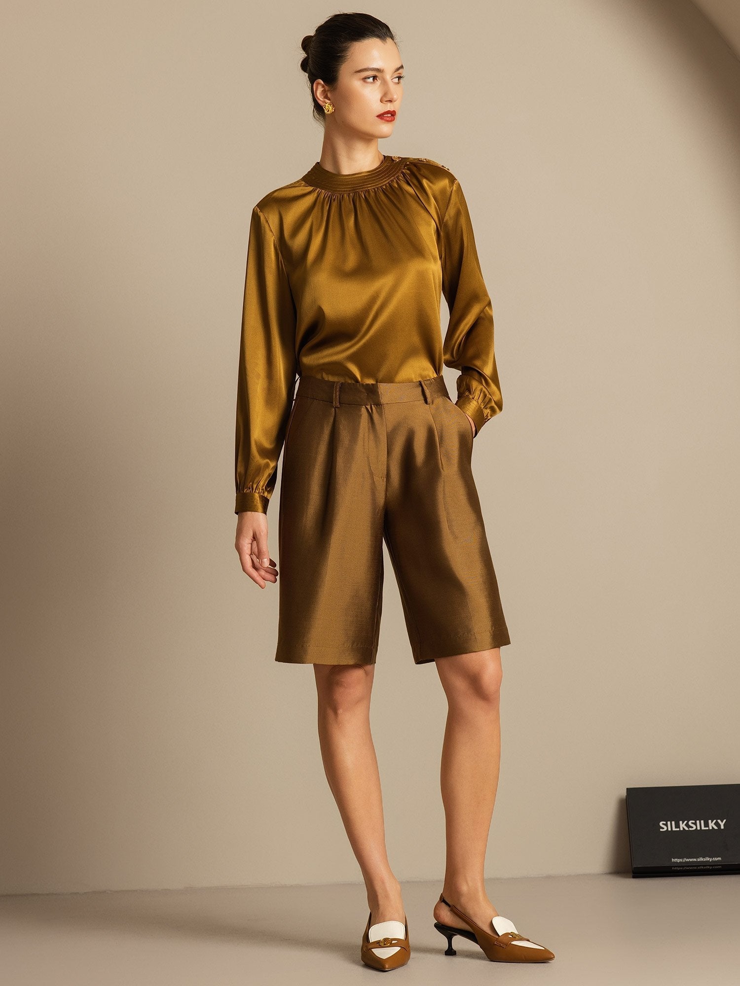 [Bronze] SilkSilky-UK 32Momme Silk-Wool Blend Womens Shorts 008,