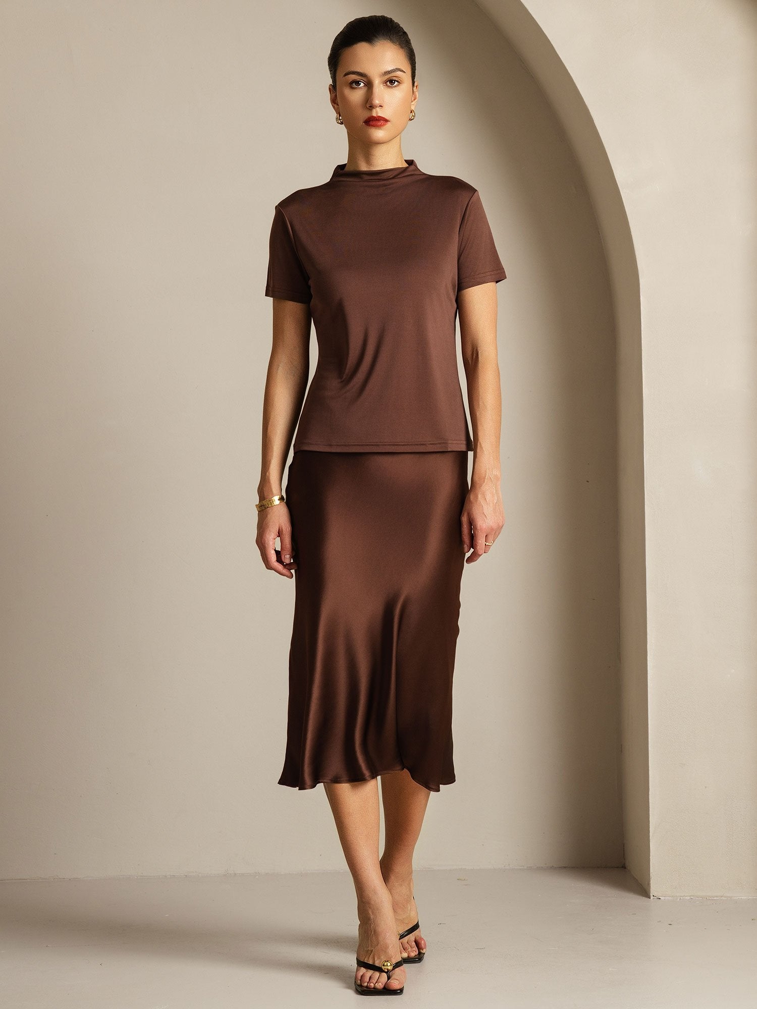 [Coffee] SilkSilky-UK Pure Silk Collar Women's T-Shirt 006