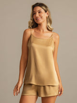 [Tan] SilkSilky-UK 19Momme Machine-Washable Silk Spaghetti Strap Round Neck Camisole Set 005