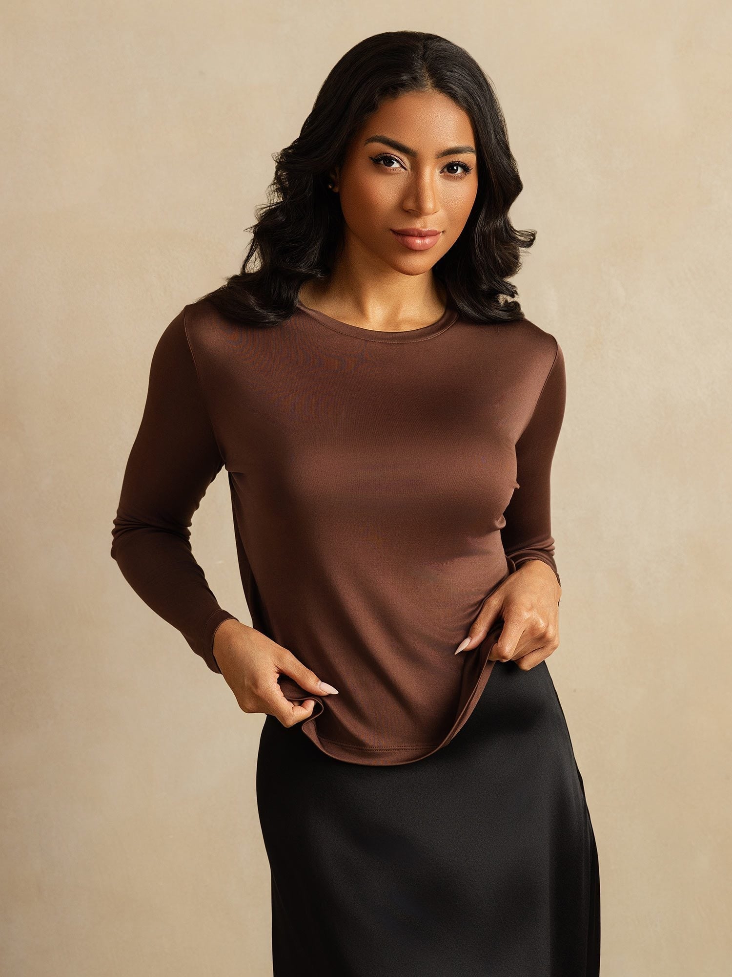 [Coffee] SilkSilky-UK 100% Silk Jersey Long Sleeve Crew Neck Women's T-Shirt 006