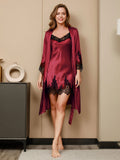 SilkSilky-UK Pure Silk 3/4 Sleeve Nightgown&Robe Set DarkRed 003