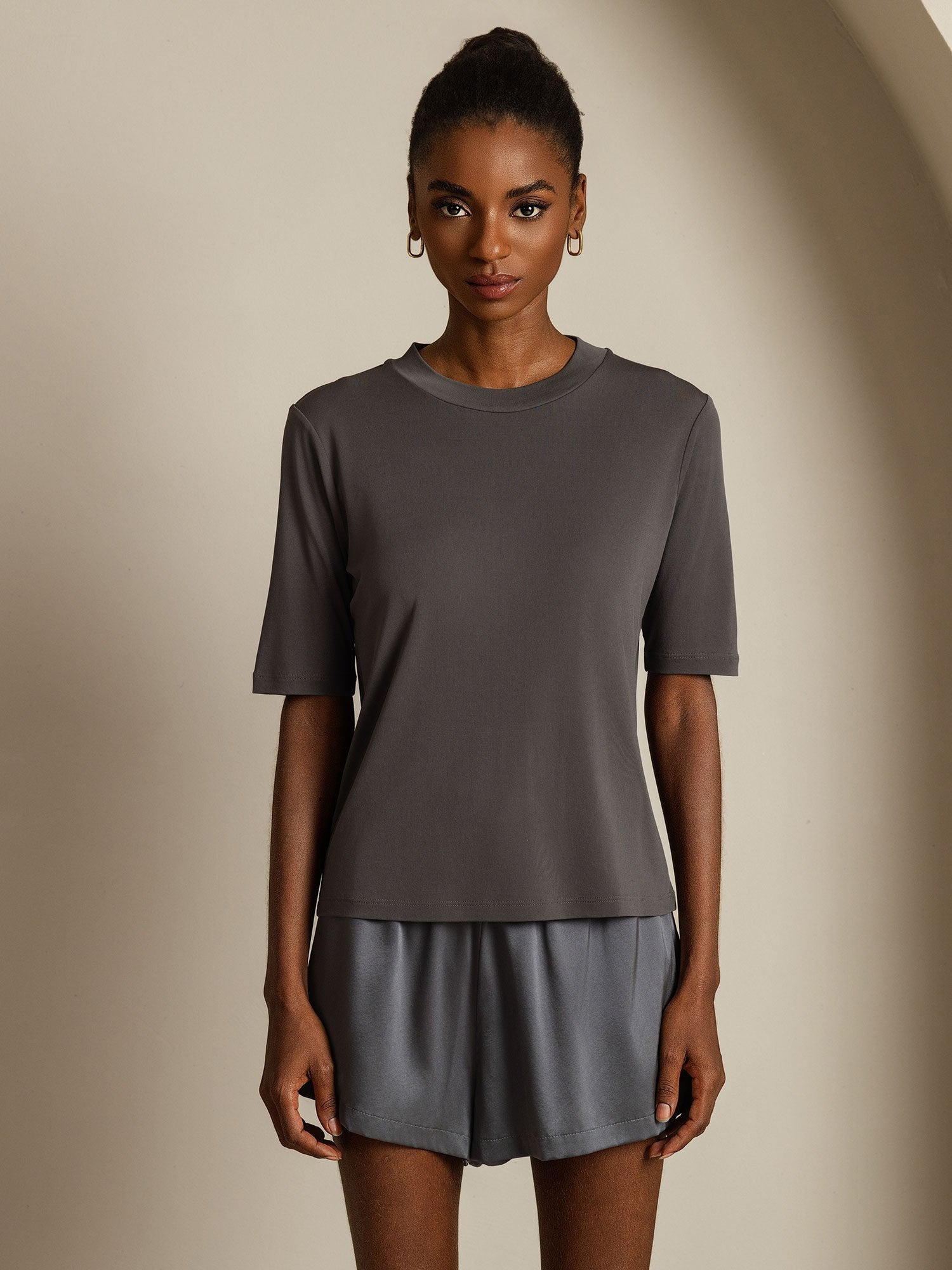 [Gray] SilkSilky-UK Pure Silk Round Neck Women's T-Shirt 003
