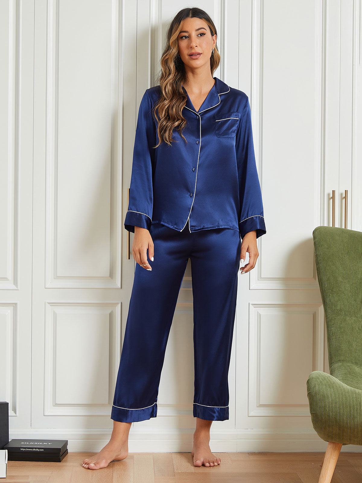 [Dark Blue] SilkSilky-UK Pure Silk Long Sleeve Notch Collar Women's Pyjamas 001