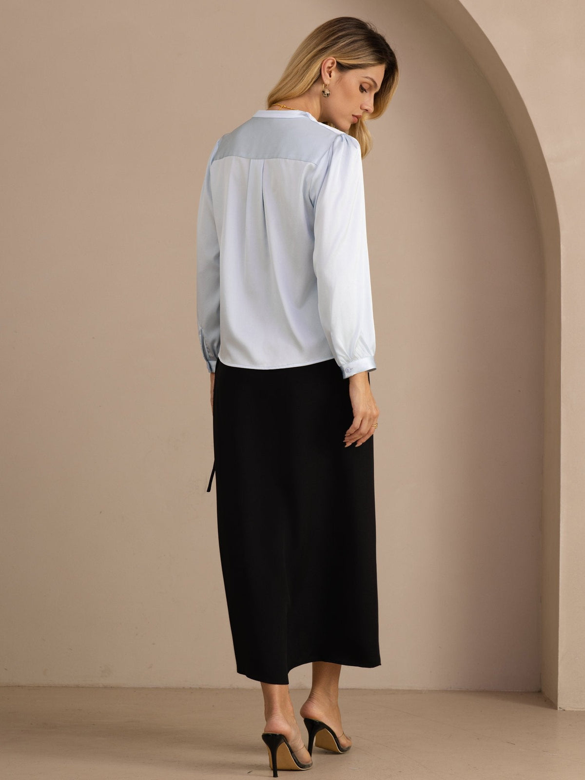 [Light Blue] SilkSilky-UK Long Sleeve Wrap Women's Blouse 002