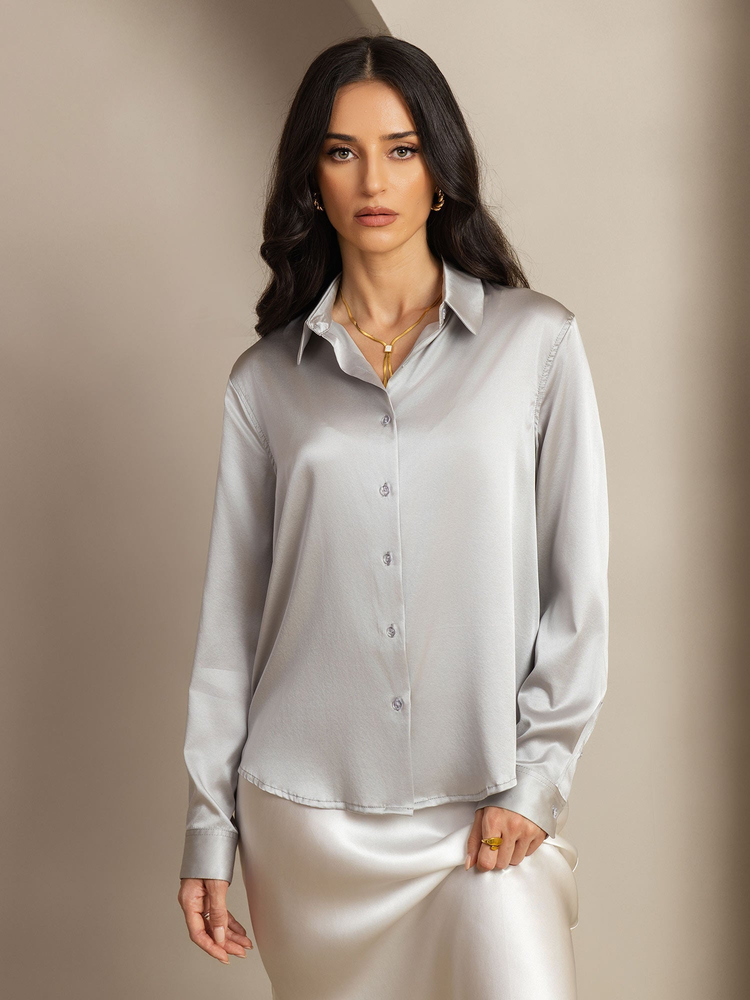 [Light Gray] SilkSilky-UK Silk Long Sleeve Collar Women's Shirt 001