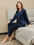 SilkSilky-UK Pure Silk Long Sleeve Lapel Women's Pyjamas DarkBlue 001