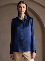 [Dark Blue] SilkSilky-UK Long Sleeve Lapel Collar Women's Shirt 001