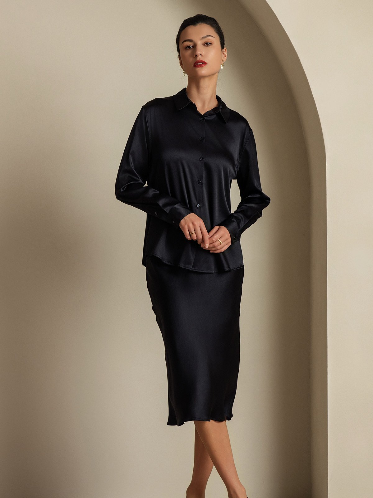 [Black] SilkSilky-UK 19Momme Silk Knitted Collar Women''s Outfit Sets 007,