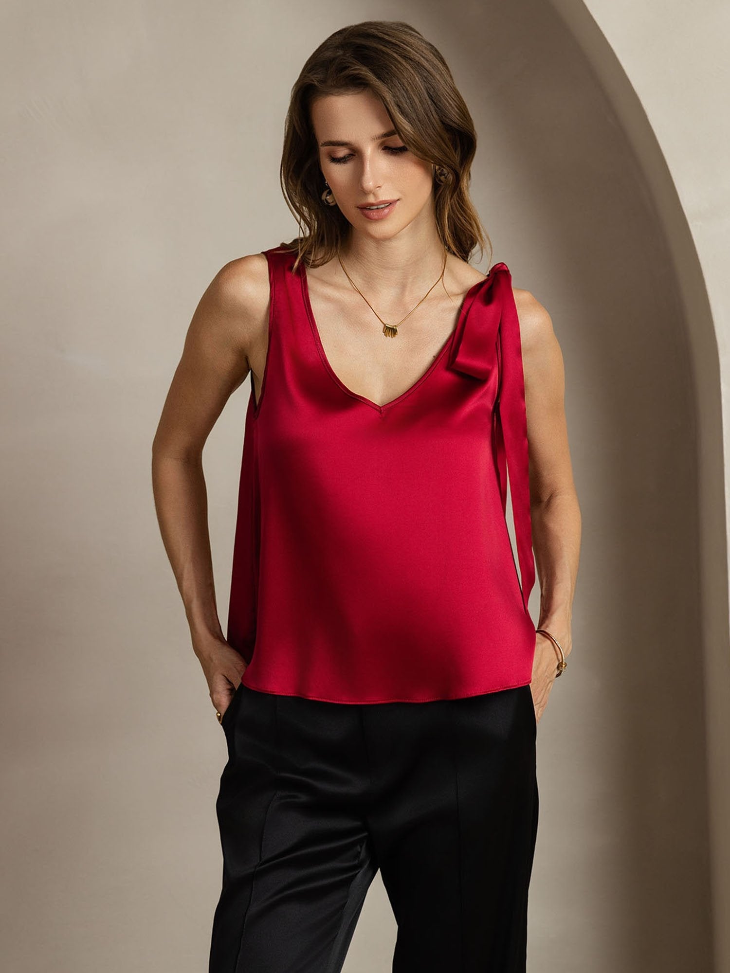 [Wine] SilkSilky-UK 19Momme Silk V Neck Women's T-Shirt 006