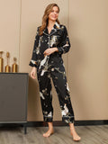 SilkSilky UK Pure Silk Long Sleeve Lapel Women's Pyjamas Black 003