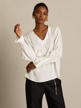 [White] SilkSilky-UK Long Sleeve V Neck Women's Blouse 004