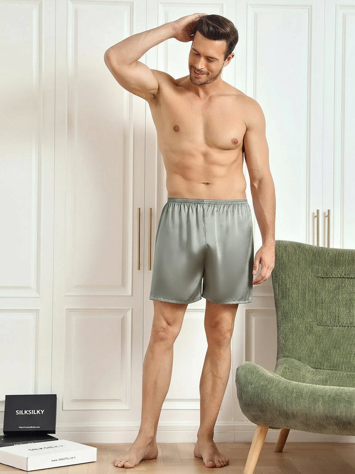 [Grayish Green] SilkSilky-UK Pure Silk Mens Sleep Bottoms 004