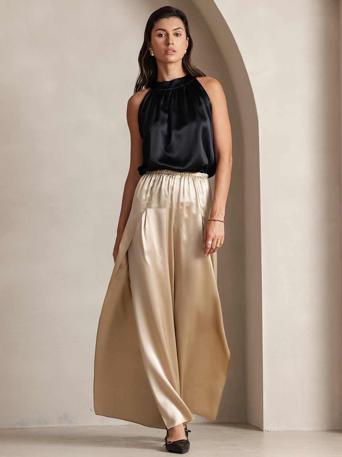 [Black] SilkSilky-UK 19Momme Silk Sleeveless Halter Neck Women's T-Shirt 003