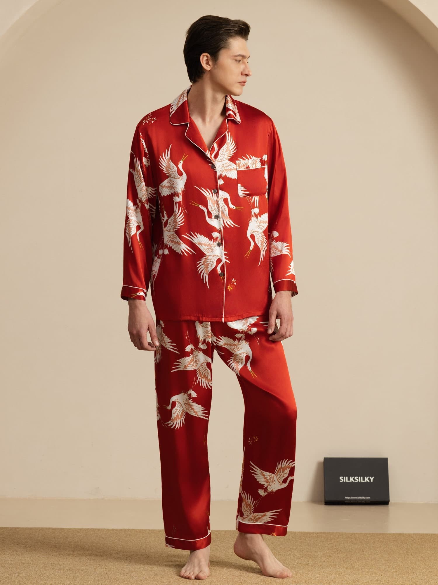 [Wine] SilkSilky-UK 19Momme Long Sleeve Notch Collar Men's Pyjamas 001